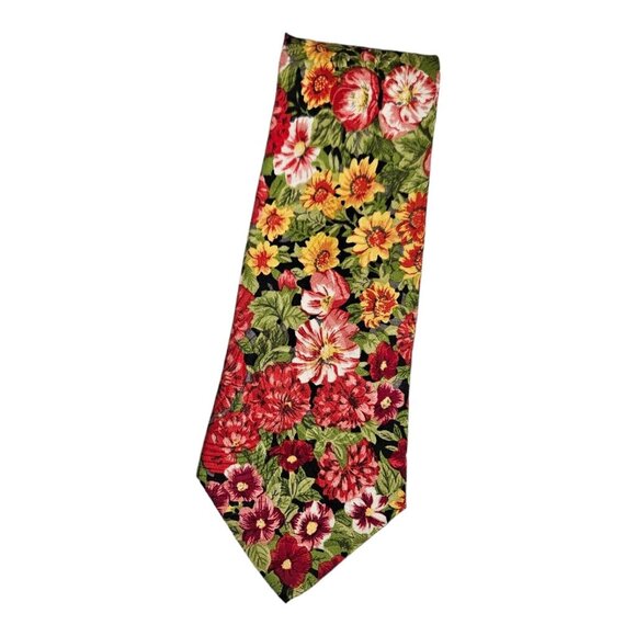 CARNAVAL DE VENISE Men's 100% Silk Necktie DESIGNER Red Green Floral W:3.6" EUC - Picture 1 of 4